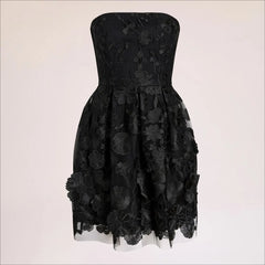 Embroidered Strapless Mini Dress-Black