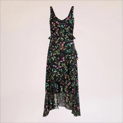 Ruffle Floral Maxi Dress-Black Multi