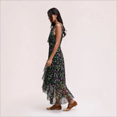 Ruffle Floral Maxi Dress-Black Multi