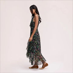 Ruffle Floral Maxi Dress-Black Multi