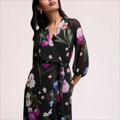Floral Wrap Maxi Dress-Black Multi