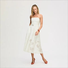 Strapless Belt Eyelet Midi Dress-White