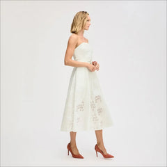 Strapless Belt Eyelet Midi Dress-White
