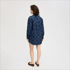 Denim Eyelet Mini Dress-Medium Wash