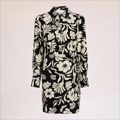 Floral Shirt Mini Dress-Black/White