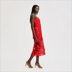 3D Strapless Rose Laced Maxi Dress-Red