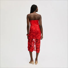 3D Strapless Rose Laced Maxi Dress-Red
