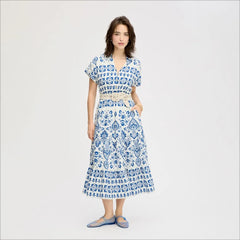 Tribal Print Shirt Midi Dress-Navy