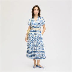 Tribal Print Shirt Midi Dress-Navy