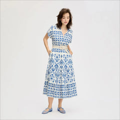 Tribal Print Shirt Midi Dress-Navy