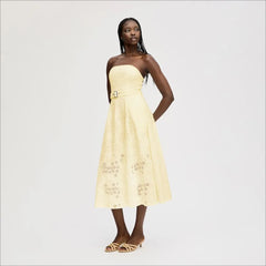 Strapless Belted Eyelet Midi Dress-Butter Yellow