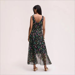 Ruffle Floral Maxi Dress-Black Multi