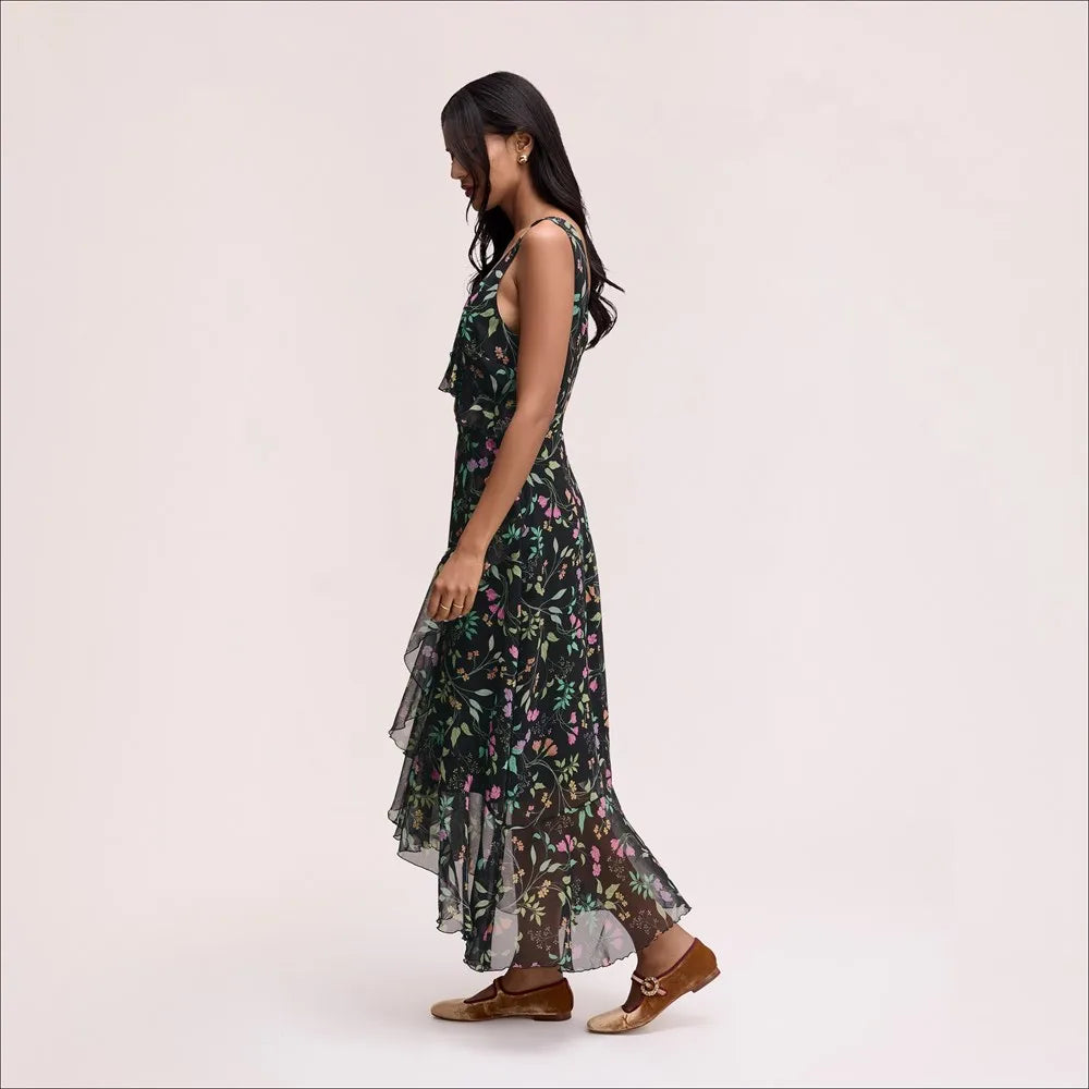 Ruffle Floral Maxi Dress-Black Multi