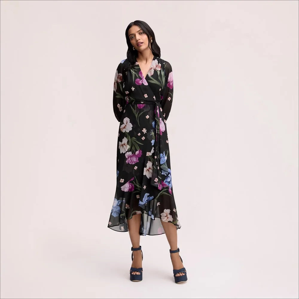 Floral Wrap Maxi Dress-Black Multi