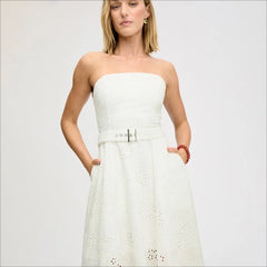 Strapless Belt Eyelet Midi Dress-White