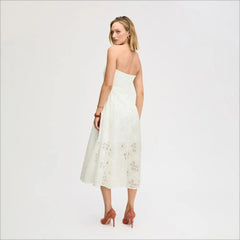Strapless Belt Eyelet Midi Dress-White
