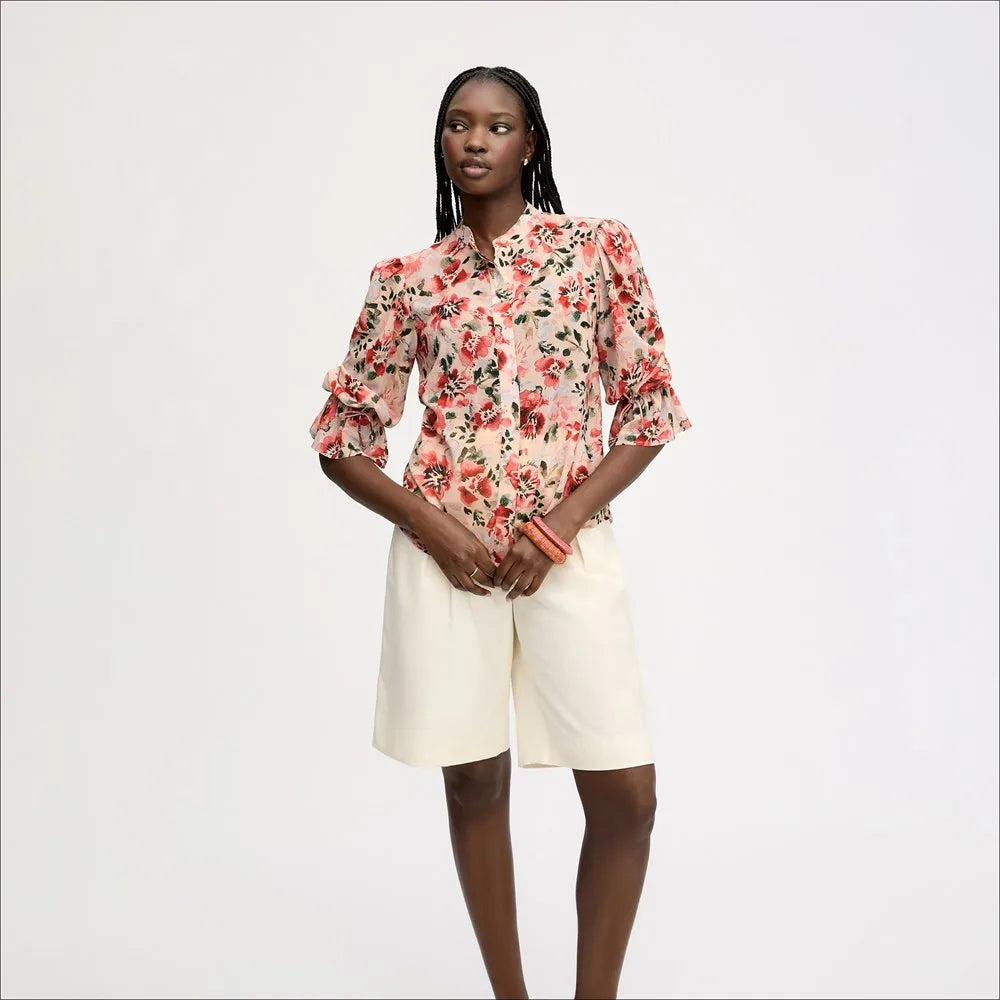 Blouson Sleeve Shirt-Almond Watercolor Floral