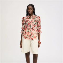 Blouson Sleeve Shirt-Almond Watercolor Floral