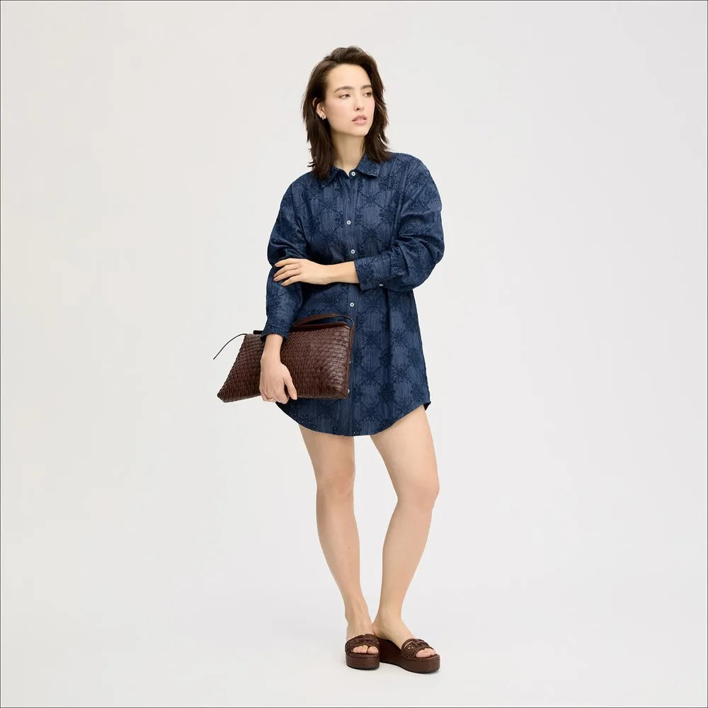 Denim Eyelet Mini Dress-Medium Wash