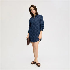Denim Eyelet Mini Dress-Medium Wash