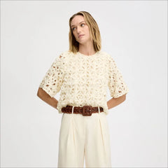 Soutache Short Sleeve Top-Almond