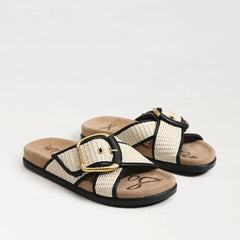 Darla Multi Buckle Slide Sandal-Linen/Black Faux Raffia