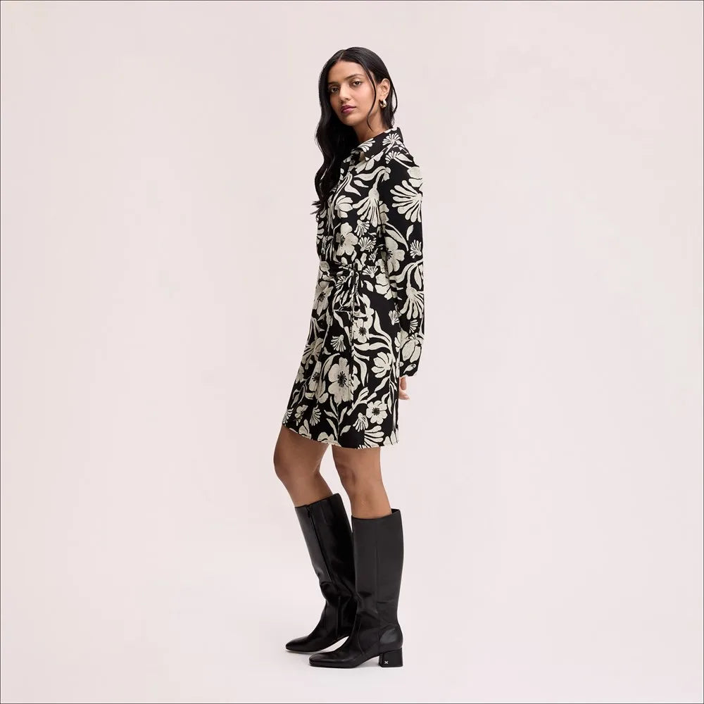 Floral Shirt Mini Dress-Black/White