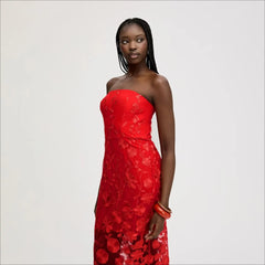 3D Strapless Rose Laced Maxi Dress-Red
