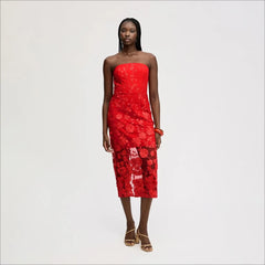 3D Strapless Rose Laced Maxi Dress-Red