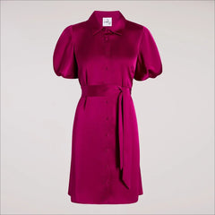 Fluid Satin Puff Sleeve Mini Dress-Berry