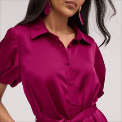 Fluid Satin Puff Sleeve Mini Dress-Berry