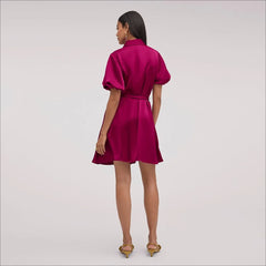 Fluid Satin Puff Sleeve Mini Dress-Berry