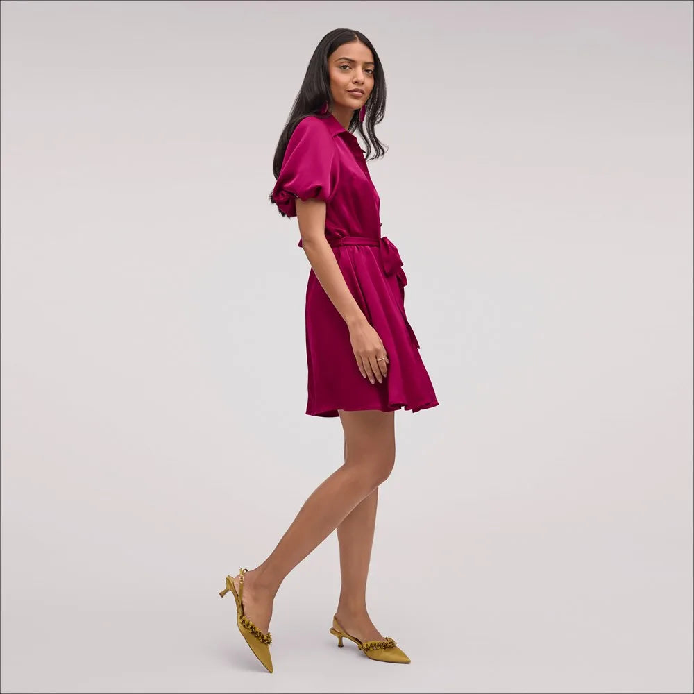 Fluid Satin Puff Sleeve Mini Dress-Berry