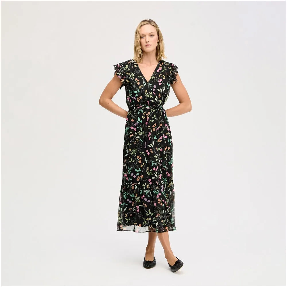 Fluttered Sleeve Maxi Dress-Black