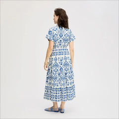 Tribal Print Shirt Midi Dress-Navy