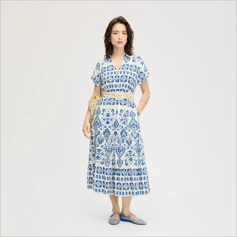 Tribal Print Shirt Midi Dress-Navy